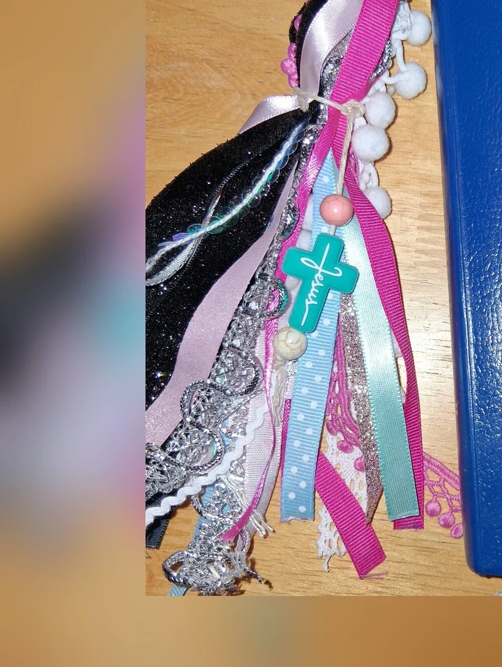 Bible Tassel Pink & Teal Ribbon Bookmark with Cross Charm